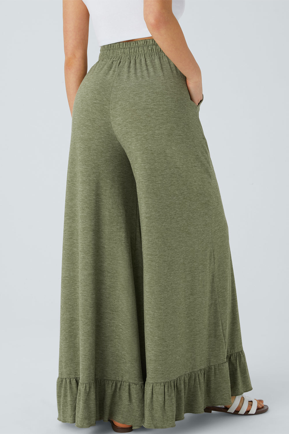 Women’s Wide Leg Knit Pants with Ruffle Hem - Relaxed Bohemian Style