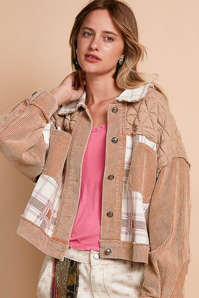 Retro Corduroy Patchwork Button Up Jacket for Women