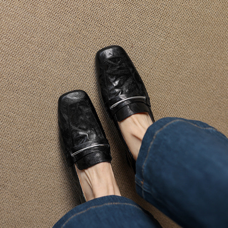 Women's Sheepskin Leather Square Toe Chunky Heel Loafer Pumps - Image 5