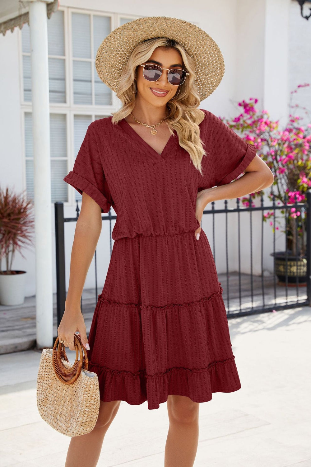 Tiered Mini Dress Short Sleeve Feminine Flowy Summer Casual Dress