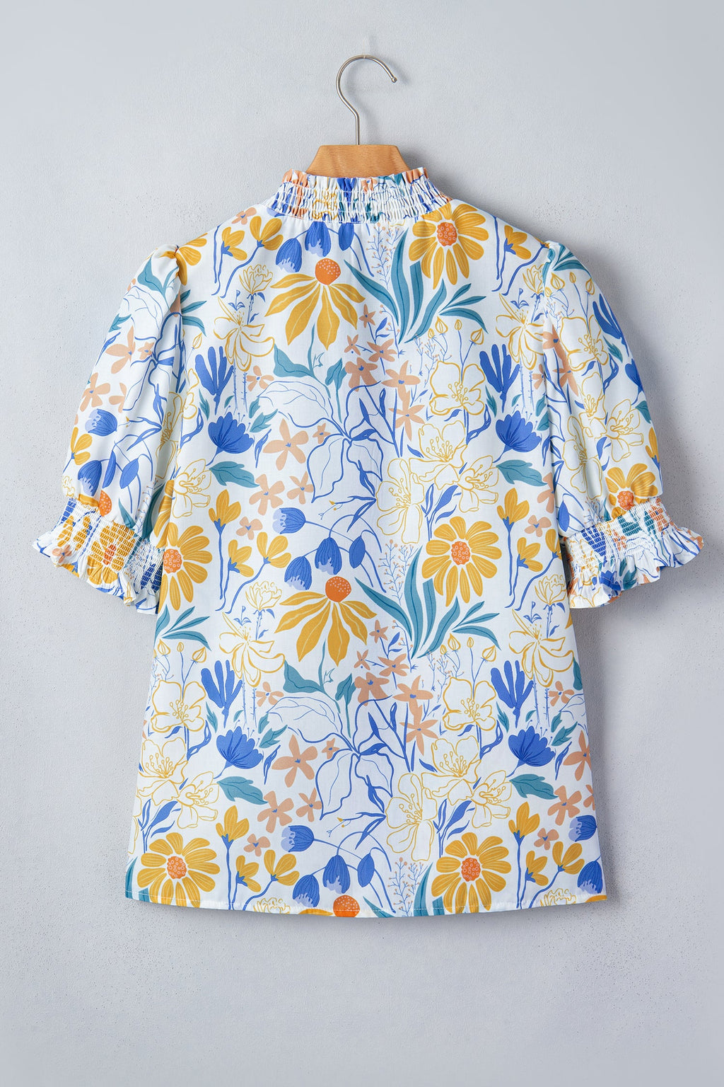 Floral Stripe Trim V-Neck Puff Sleeve Blouse for Women