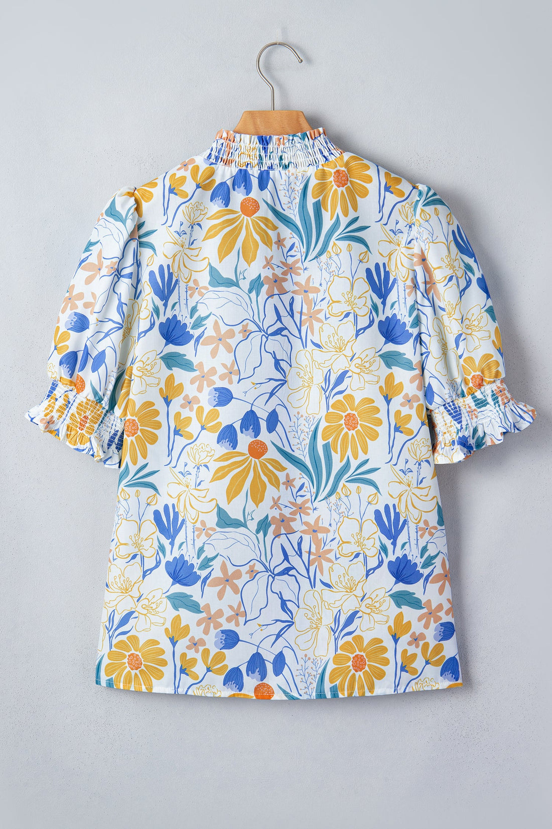 Floral Stripe Trim V-Neck Puff Sleeve Blouse for Women