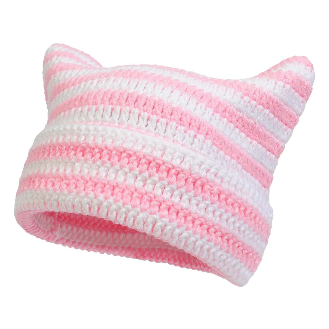 Women's Hand Knitted Striped Cat Beanie Hat