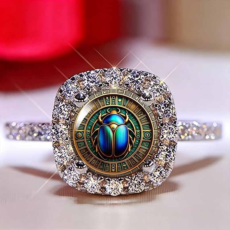 Vintage Ancient Egyptian Scarab Beetle Ring - Mystical Halo Inlaid Crystal Unisex Statement Jewelry