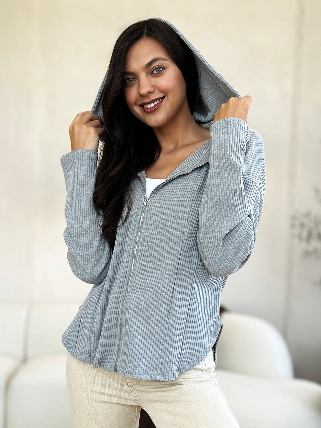 Women's Ribbed Zip Up Hooded Jacket in Light Heather Grey