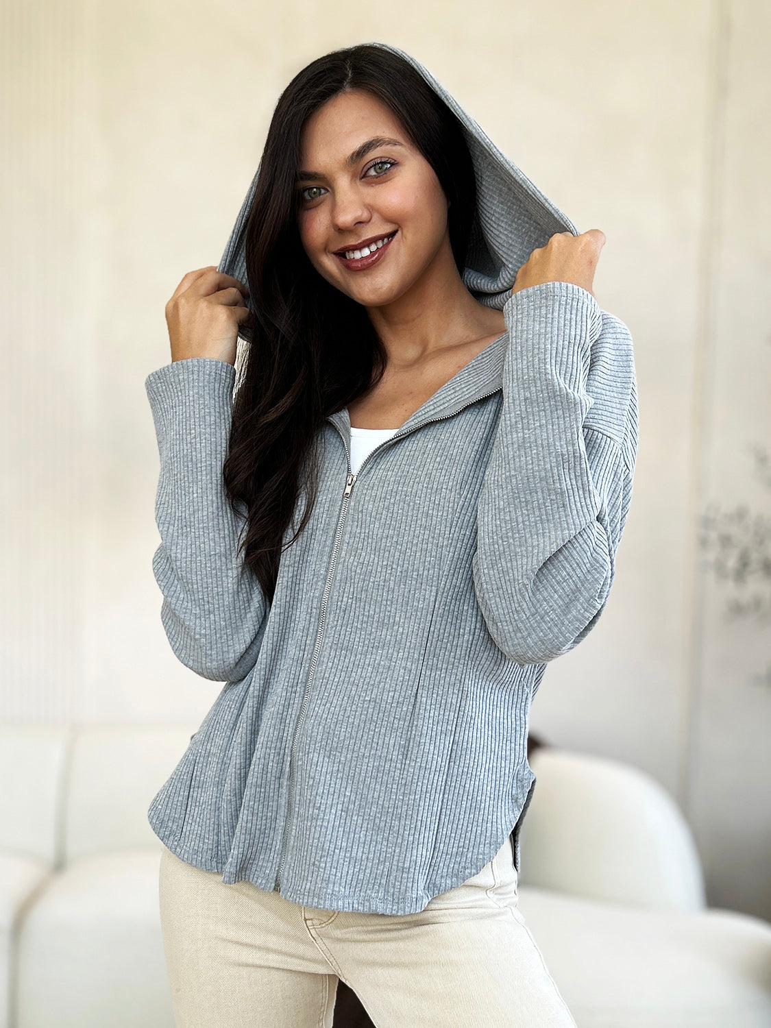 Women's Ribbed Zip Up Hooded Jacket in Light Heather Grey