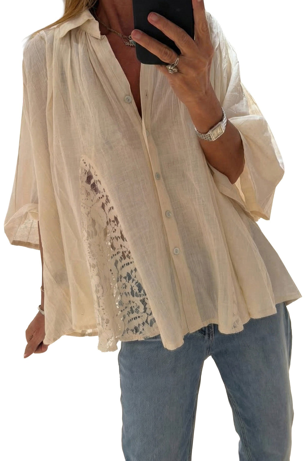 Oatmeal Sheer Lace Splicing Detail Bracelet Sleeve Loose Flowy Shirt