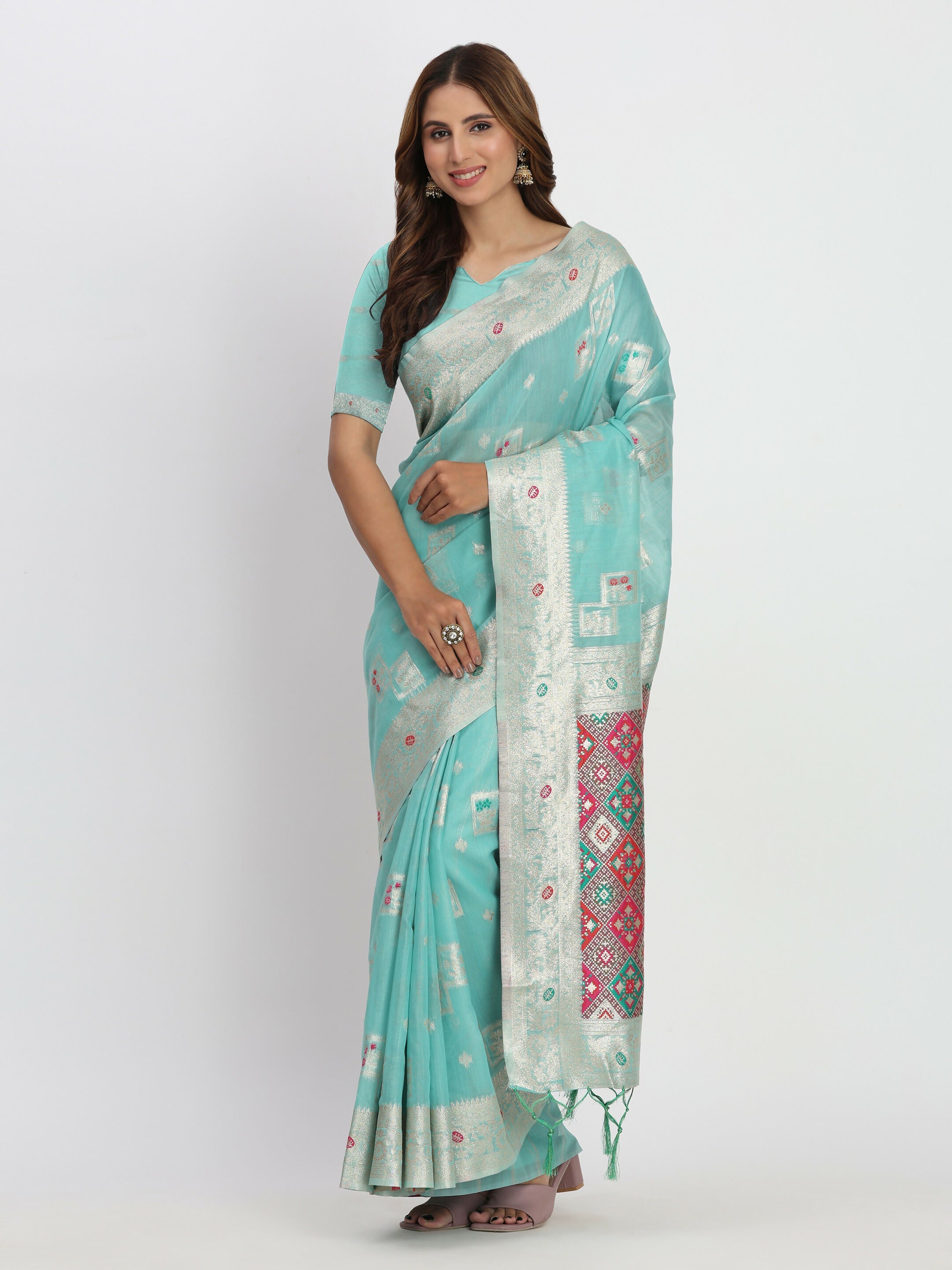 Elegant Sea Green Linen Cotton Saree with Blouse