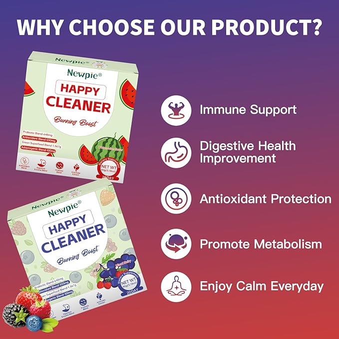 Newpie Superfoods Happy Cleaner Probiotic Powder,Watermelon Flavor Prebiotic & Probiotic Powder,Organic Fiber,Sugar Free,Gut Health,Natural Antioxidant for Women Men (20 Packet, Mixed Berry)