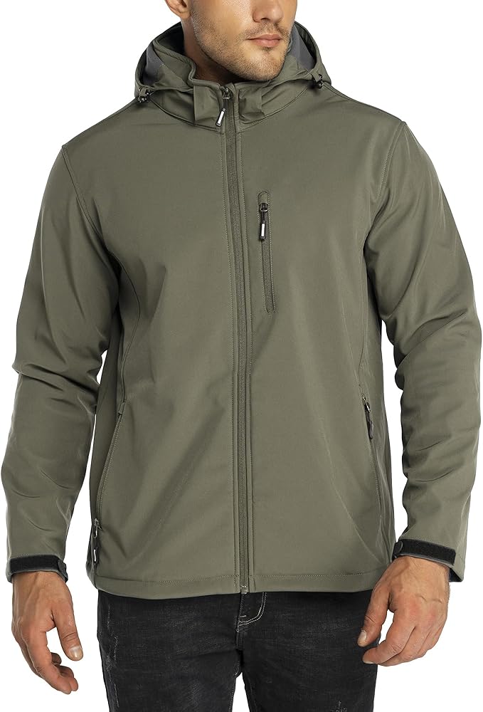 Outdoor Ventures Men's Lightweight Softshell Jacket Fleece Lined Hooded Water Resistant Winter Hiking Windbreaker Jackets