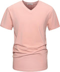 A man wearing a premium fitted modern V-neck t-shirt in a neutral color, showcasing the form-fitting cut.