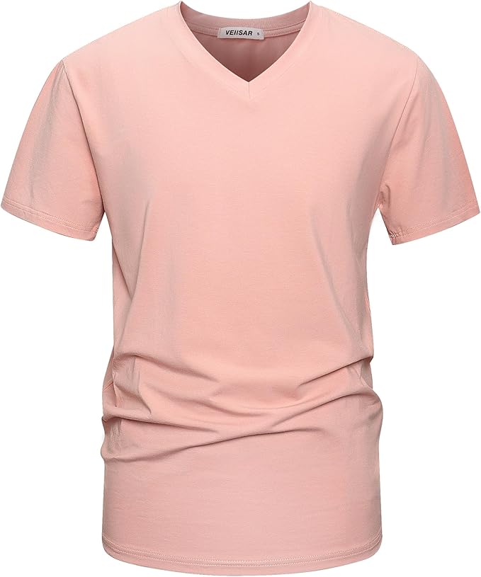 A man wearing a premium fitted modern V-neck t-shirt in a neutral color, showcasing the form-fitting cut.