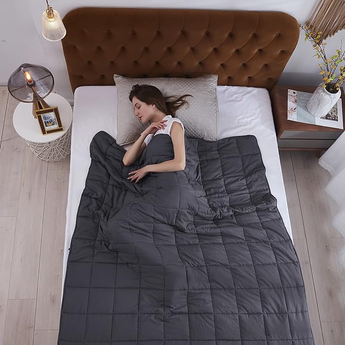 L'AGRATY Weighted Blanket for Adults- Dark Grey, 48"x72", 15lbs, Twin Full Size Heavy Throw Blanket, Cooling, Breathable, Microfiber with Glass Beads, Big, Washable, All-Season