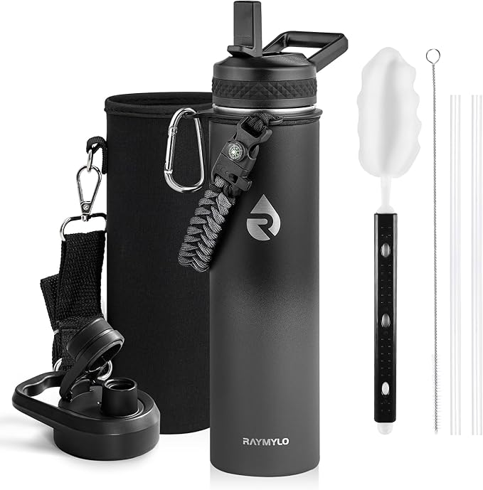 Insulated Water Bottle 24oz, Triple Wall Vacuum Stainless Steel (Cold for 48 Hrs, Hot for 24Hrs), Leak Proof & Non-BPA, 24oz Hydro Water Flask with Paracord Handle & Straw Spout Lids