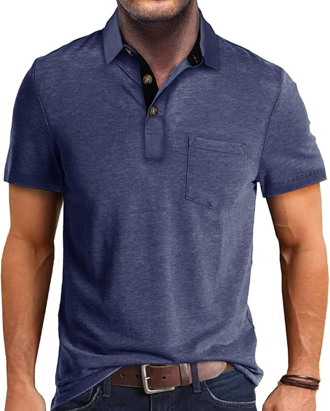 Men's classic solid color short sleeve polo shirt with lapel collar.