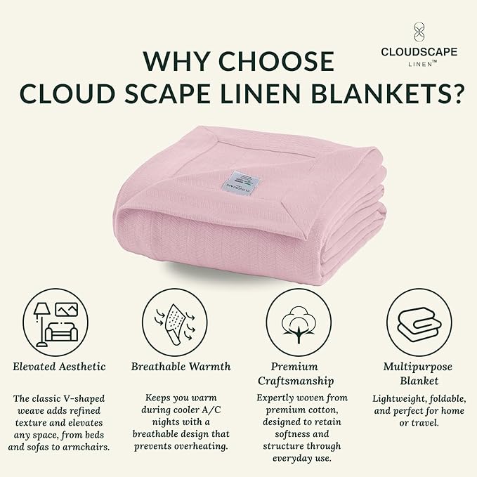 Cloud Scape Linen 100% Cotton Queen Size Blanket, Herringbone Pattern, Lightweight Summer Blanket,Best Gifts for Women, fits Full Size Bed, 92 x 92, Seashell Pink