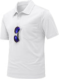 Men's short sleeve quick dry polo shirt with chest pocket and 2-button placket in a classic athletic style.