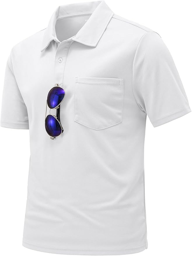 Men's short sleeve quick dry polo shirt with chest pocket and 2-button placket in a classic athletic style.