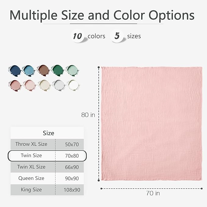 Carriediosa 100% Cotton Muslin Throw Blanket 70" X 80" Twin Size，4-Layers Summer Gauze Throws for Bed Couch，Soft Lightweight Breathable Linen Blankets Bedspread for Adults All Season，Dusty Pink