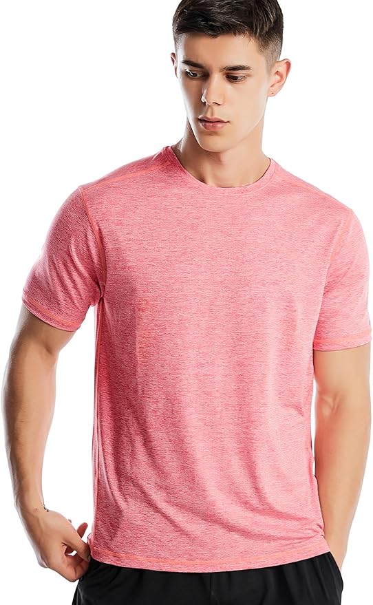 Close up of men's short sleeve quick-dry athletic workout tee in stretch jersey fabric