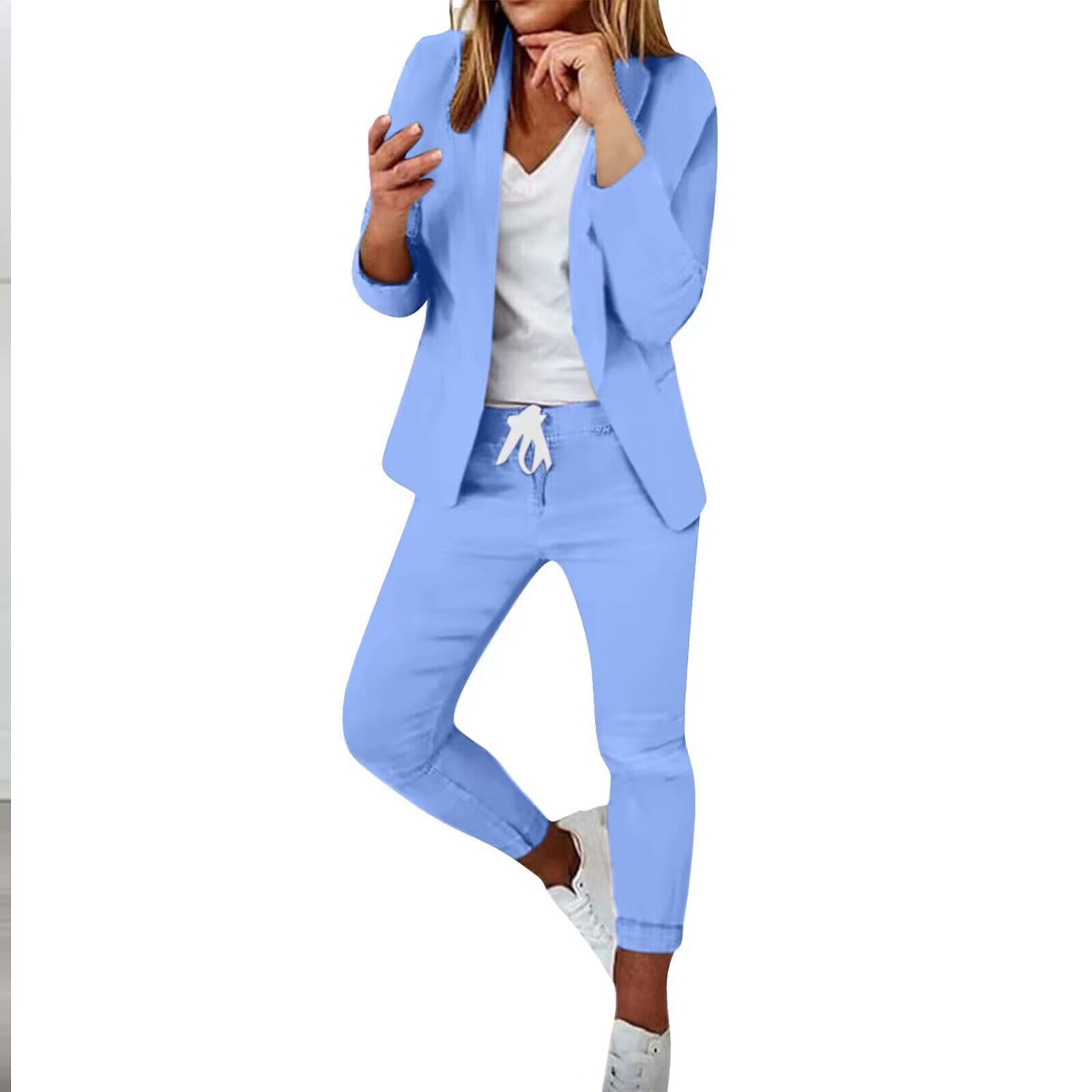 Women Notch-Lapel Blazer and Drawstring Pants Two-Piece Suit