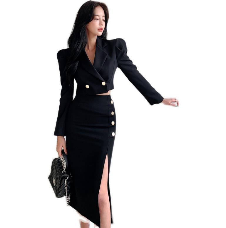 Women's Black Midi Coat Skirt Suit High Waist Slimming Professional