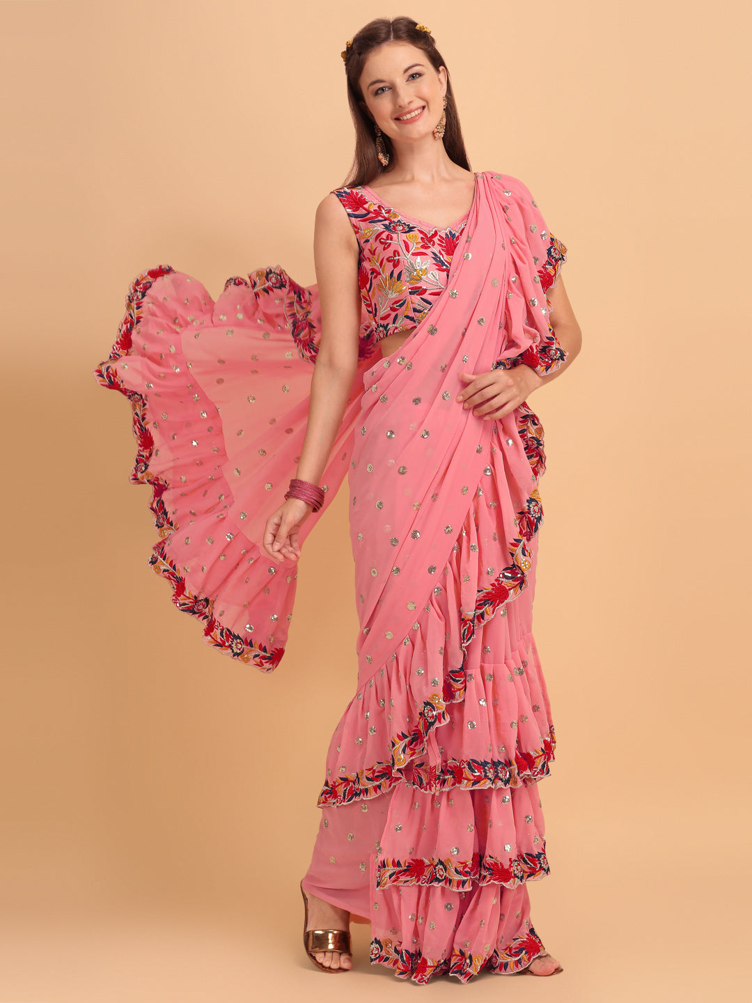 Peach Faux Georgette Ruffle Saree with fancy sequence embroidery and Banglori silk blouse