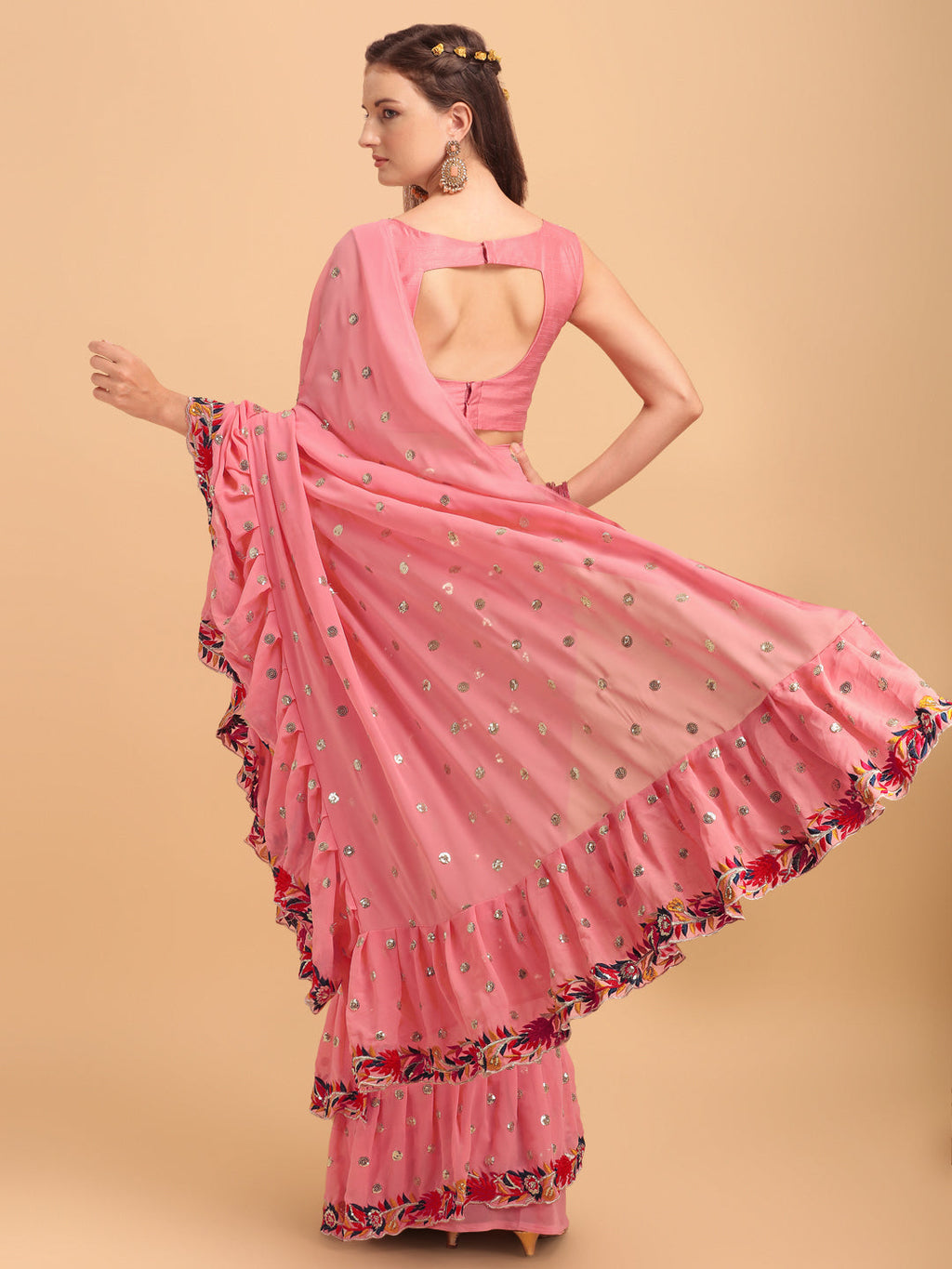 Peach Faux Georgette Ruffle Saree with Sequin Embroidery & Blouse