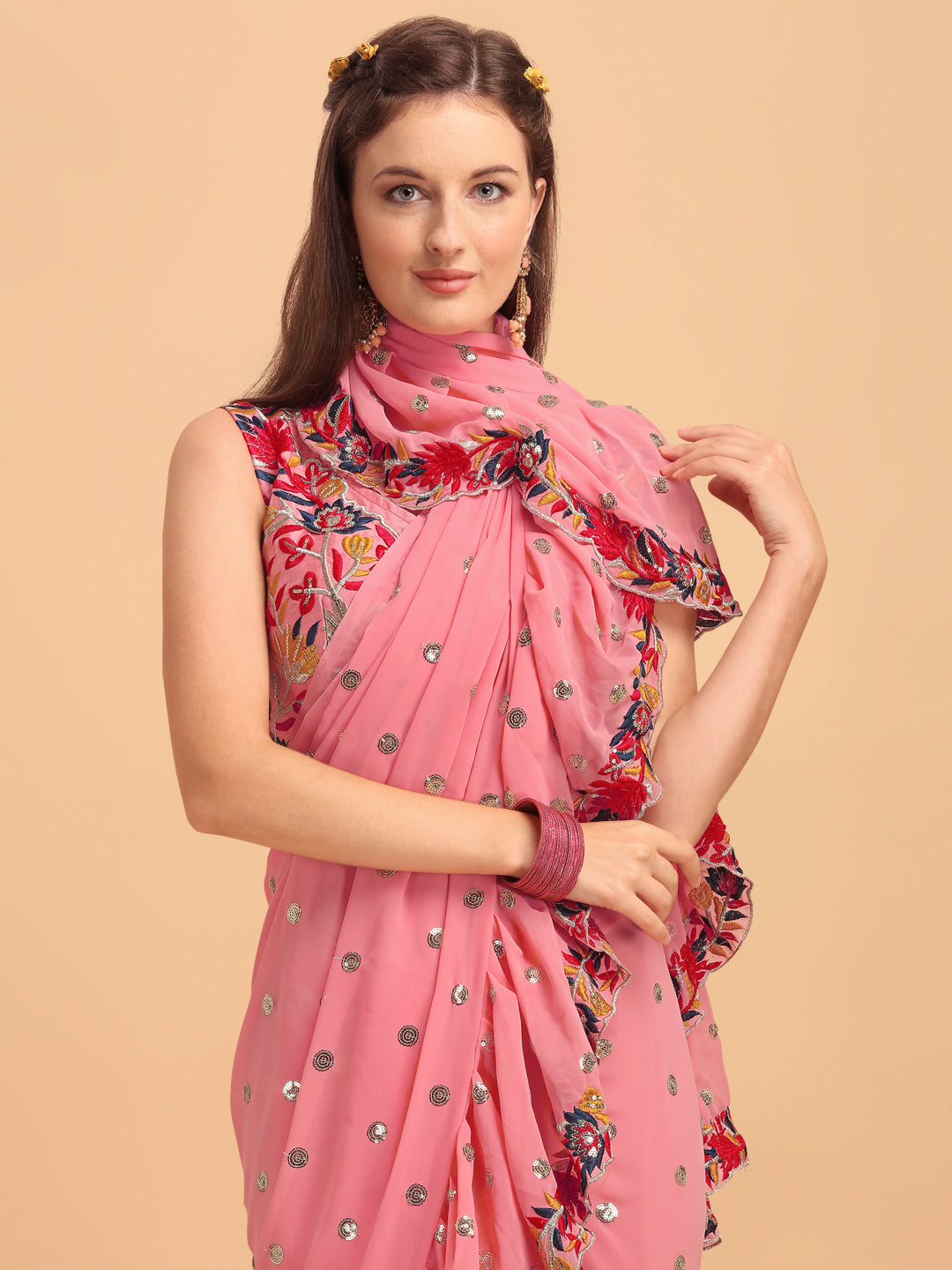Peach Faux Georgette Ruffle Saree with Sequin Embroidery & Blouse