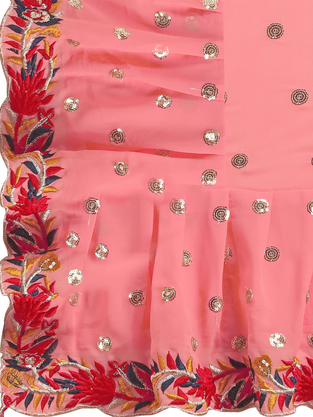 Peach Faux Georgette Ruffle Saree with Sequin Embroidery & Blouse