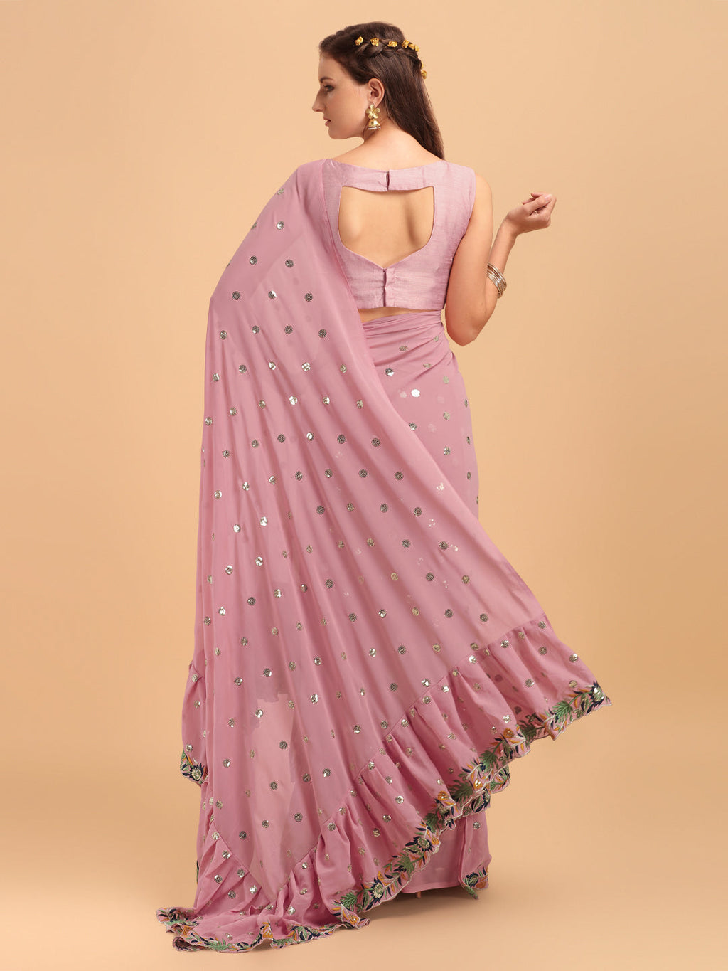Pink Faux Georgette Ruffle Saree with Sequin Embroidery & Blouse