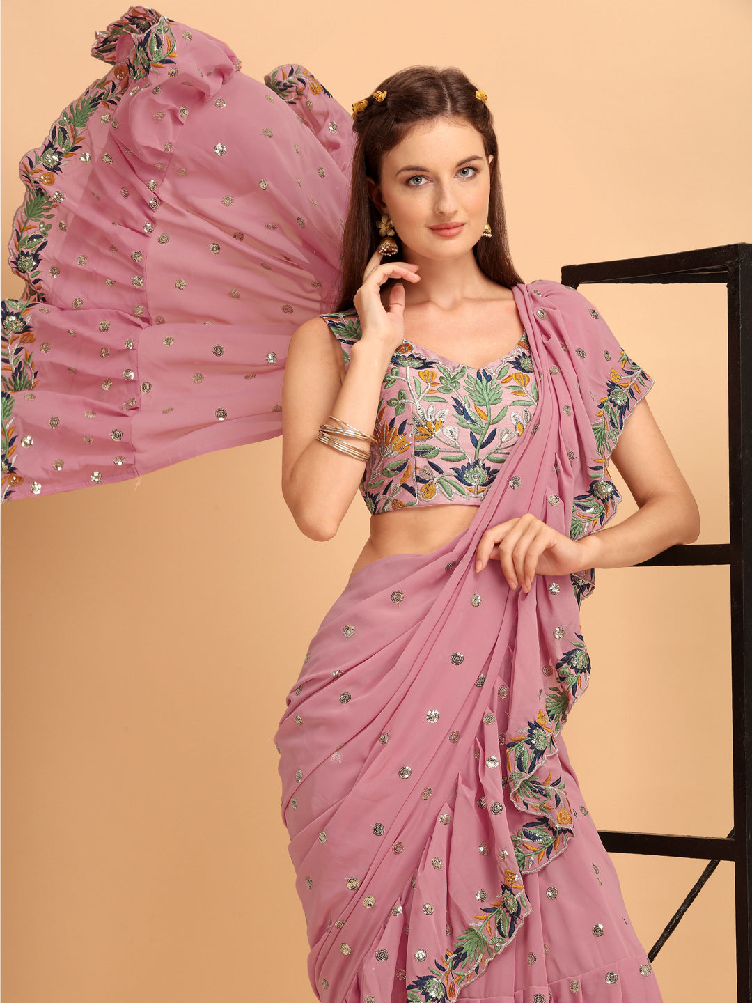 Pink Faux Georgette Ruffle Saree with Sequin Embroidery & Blouse