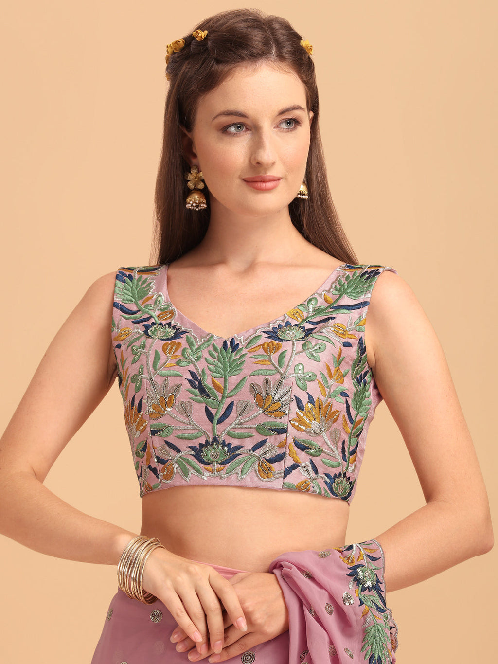 Pink Faux Georgette Ruffle Saree with Sequin Embroidery & Blouse