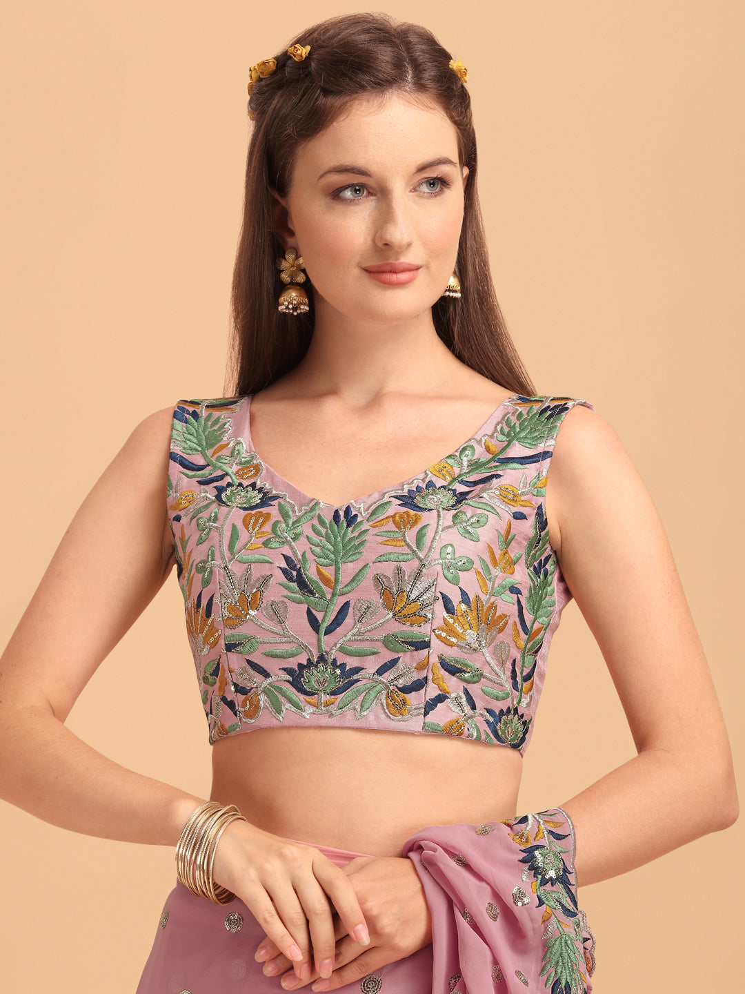 Pink Faux Georgette Ruffle Saree with Sequin Embroidery & Blouse