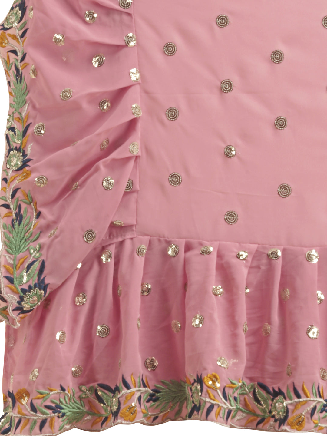 Pink Faux Georgette Ruffle Saree with Sequin Embroidery & Blouse