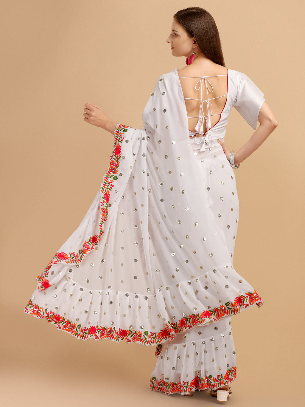 White Faux Georgette Ruffle Saree with Sequence Embroidery