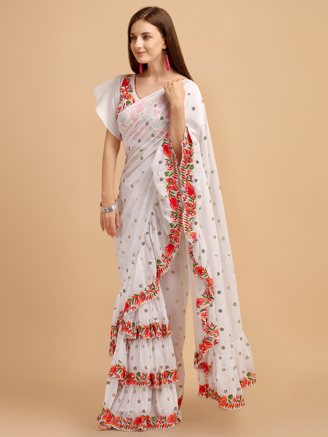 White Faux Georgette ruffle saree with sequence embroidery and matching Banglori silk blouse