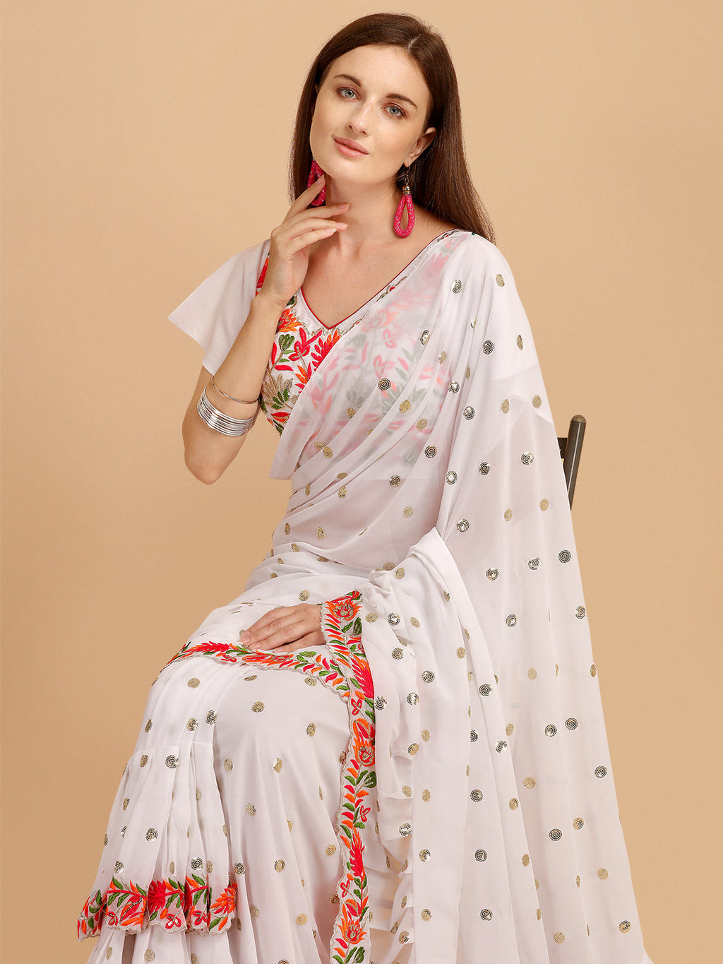 White Faux Georgette Ruffle Saree with Sequence Embroidery