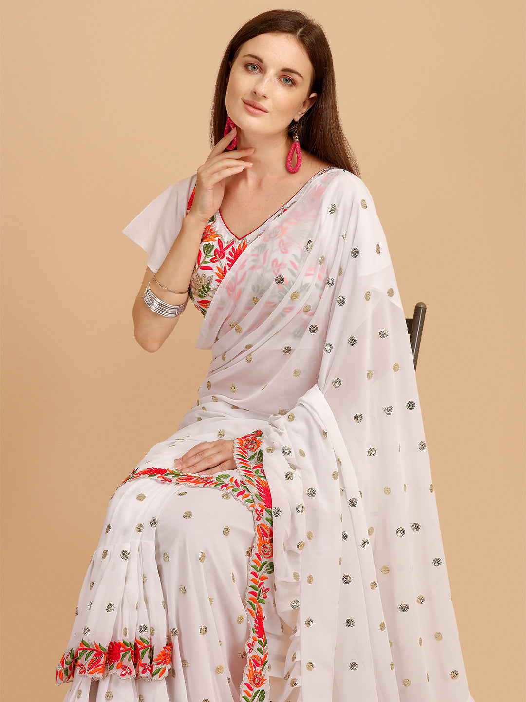 White Faux Georgette Ruffle Saree with Sequence Embroidery