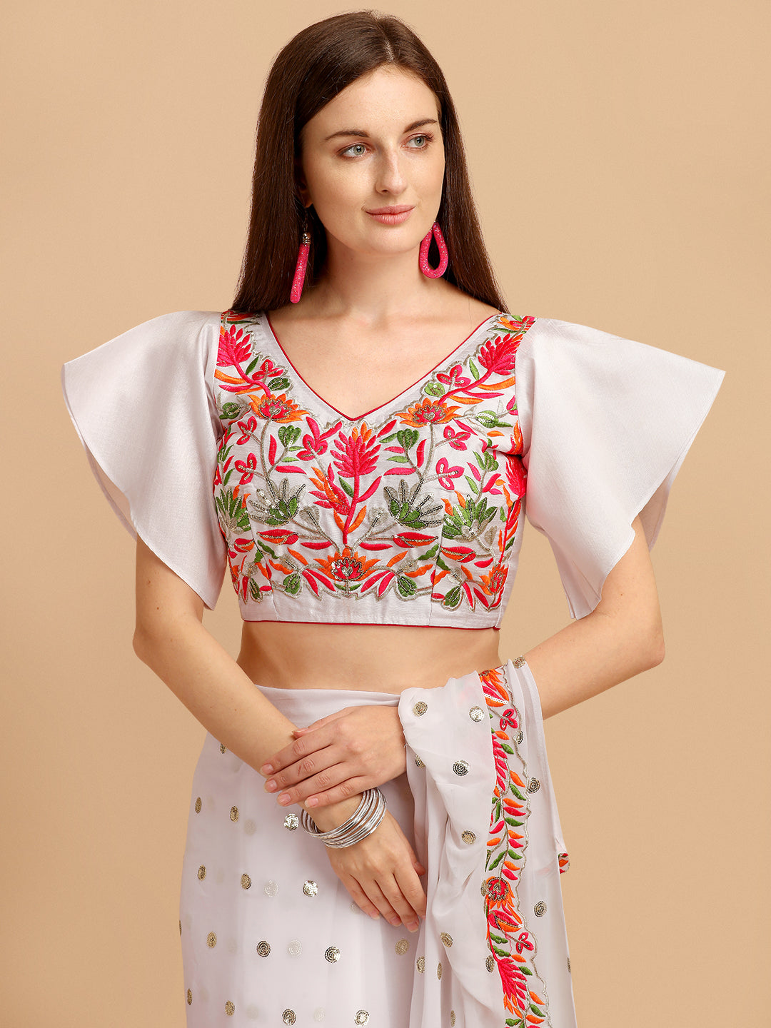 White Faux Georgette Ruffle Saree with Sequence Embroidery