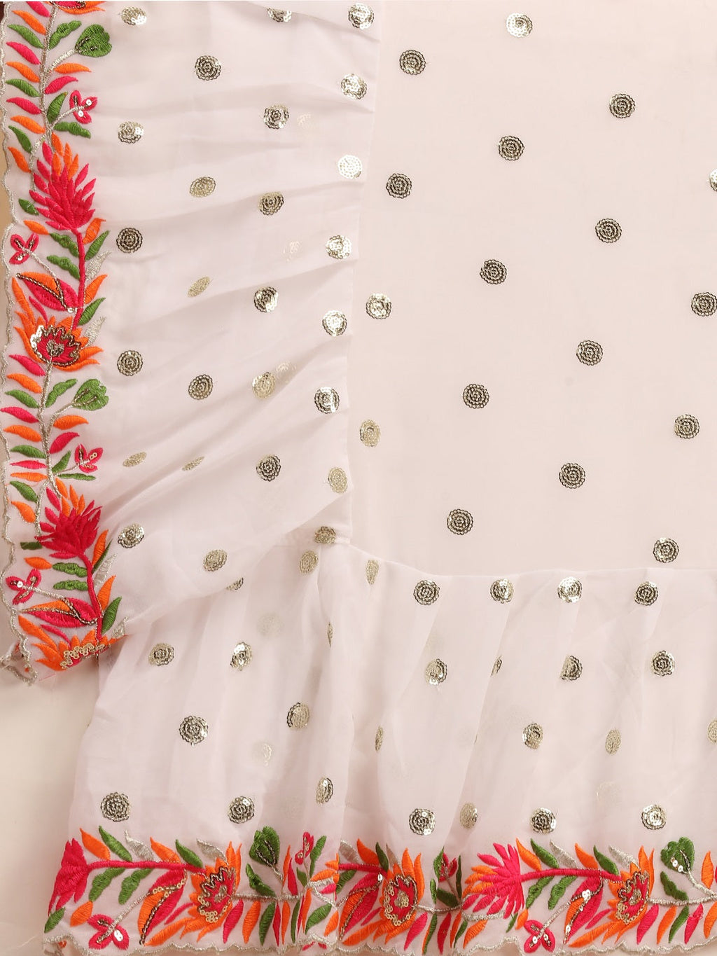White Faux Georgette Ruffle Saree with Sequence Embroidery