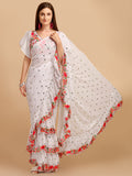 White Faux Georgette Ruffle Saree with Sequence Embroidery