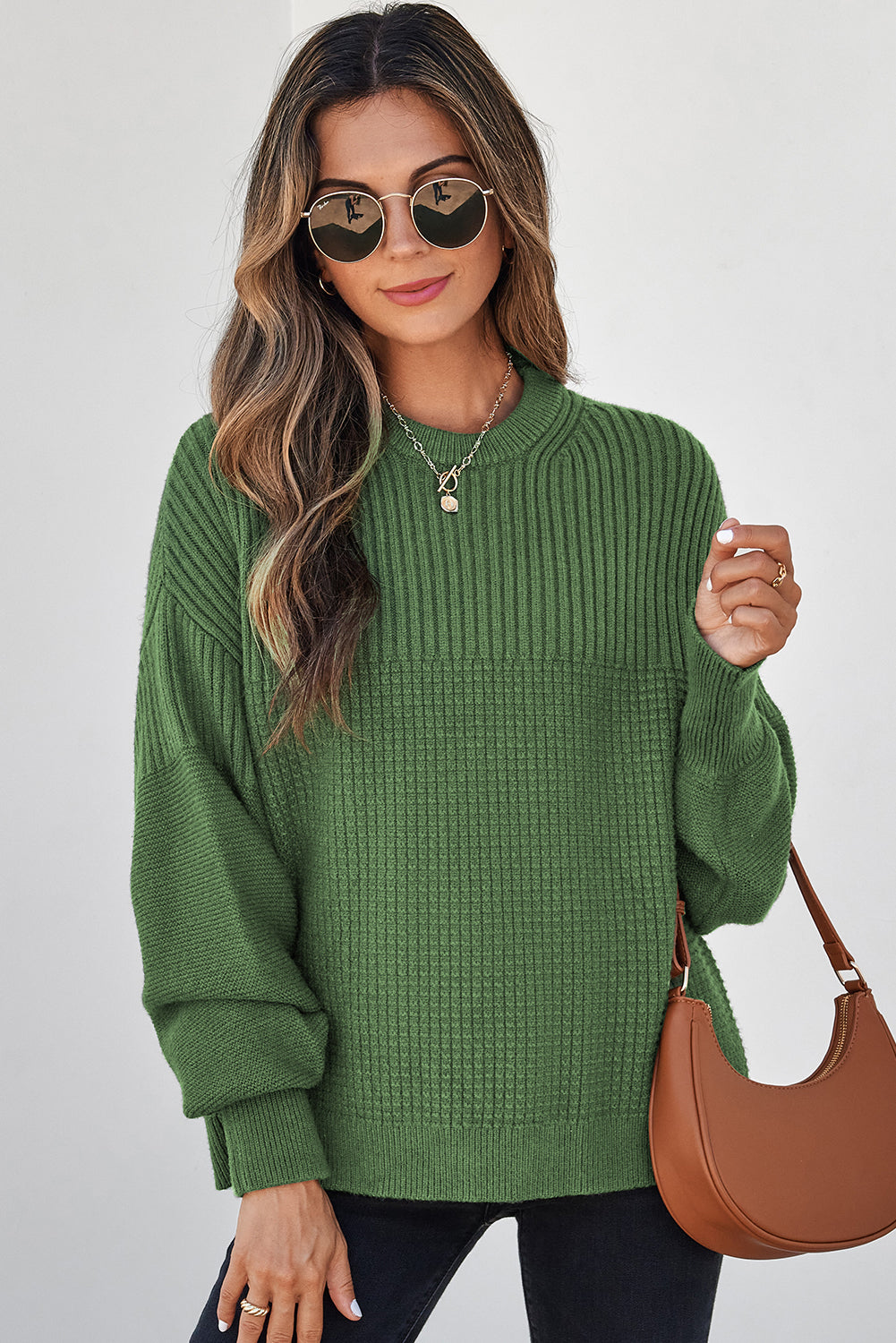 Vineyard Green Mixed Texture Knitted Crew Neck Sweater