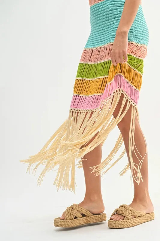 Multi Color Fringed Crochet Knit Mini Dress