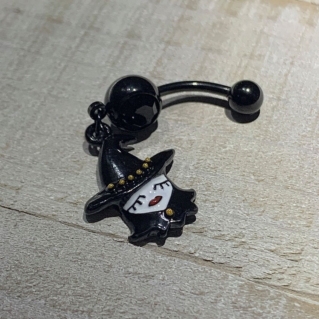 Witch Halloween Dangle Belly Ring with Black Gem Navel Jewelry - Image 2