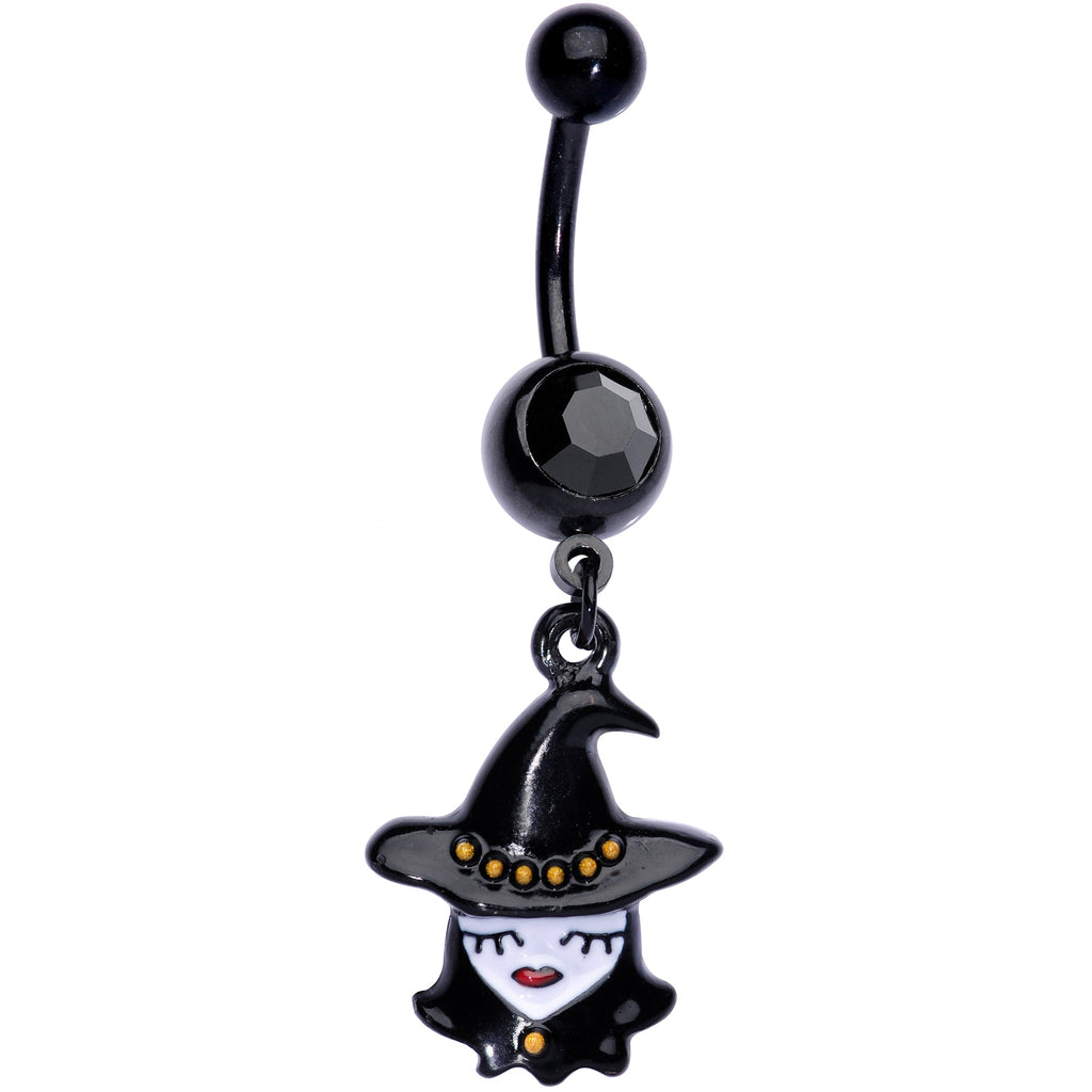 A black PVD 14 gauge belly button ring with a dangling witch charm and a black gem, displayed against a plain background.
