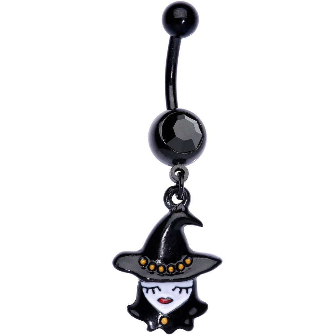 A black PVD 14 gauge belly button ring with a dangling witch charm and a black gem, displayed against a plain background.