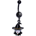 A black PVD 14 gauge belly button ring with a dangling witch charm and a black gem, displayed against a plain background.