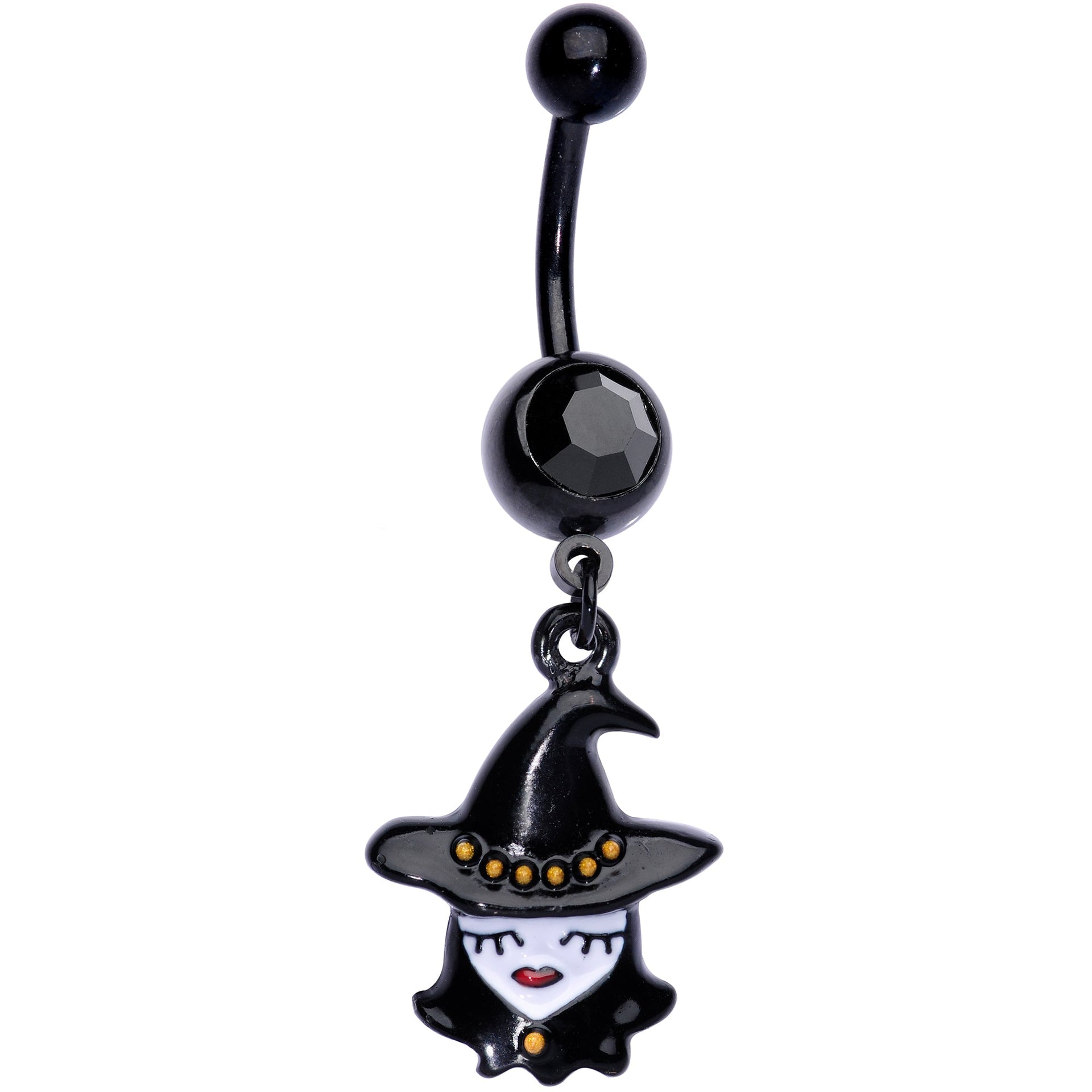 A black PVD 14 gauge belly button ring with a dangling witch charm and a black gem, displayed against a plain background.