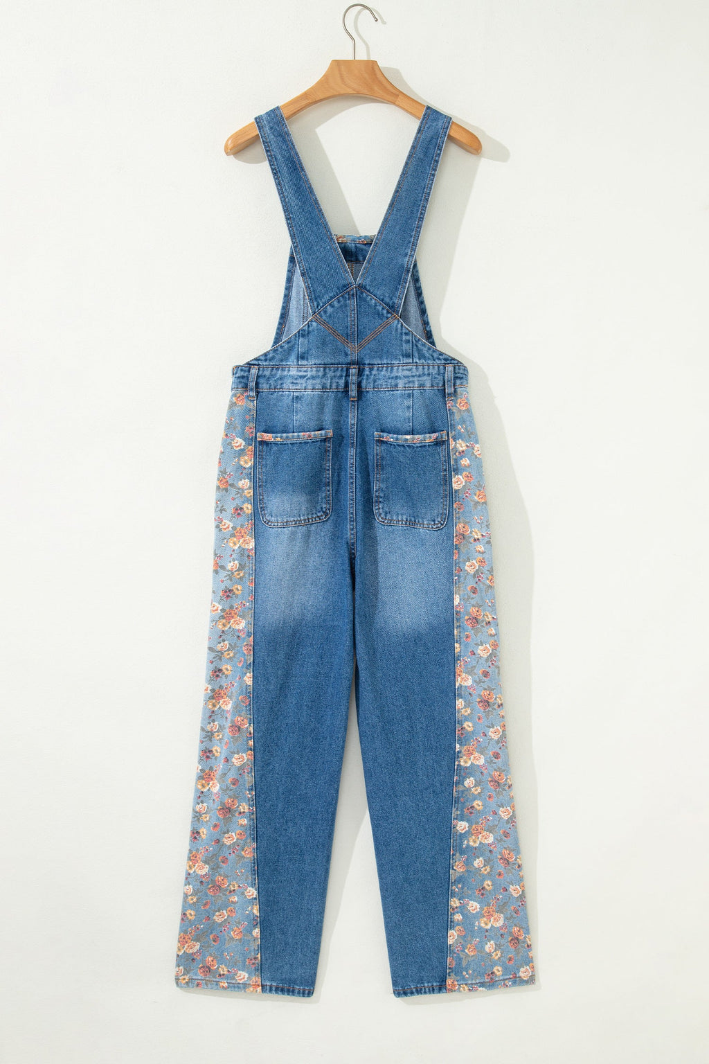Floral Patchwork Wide Leg Denim Overalls | Square Neckline